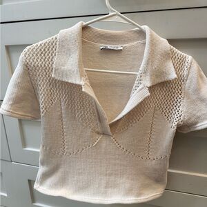Zara Openwork Knit Polo Crop Top in Cream